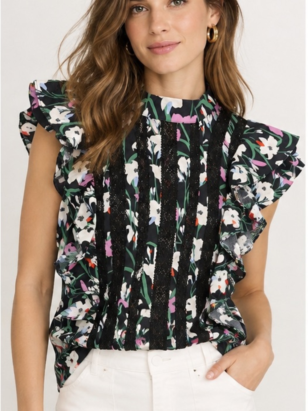 Veronica Beard Black Floral Ruffle Lace Trim Top